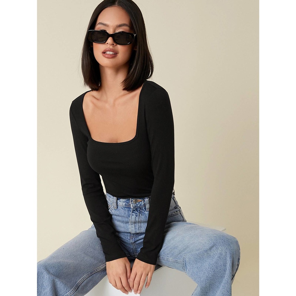 Long sleeve Square Neck Form Fitted Tee white - Picture 3 of 11